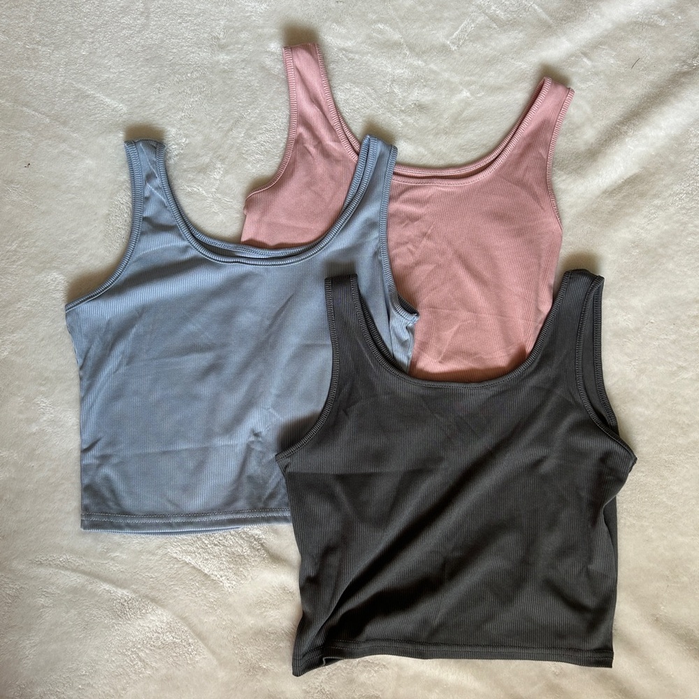THREE Spandex Material Tank Tops Grey, Blue, Pink